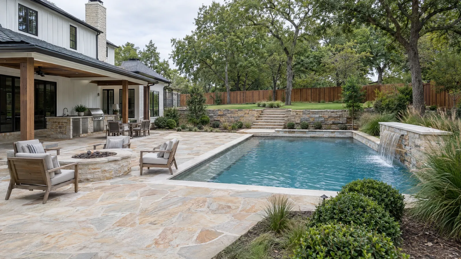 Daytime view of a backyard with pool and patio before lighting