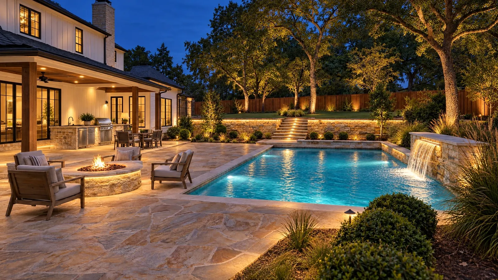 The same backyard with pool and patio at night with professional lighting