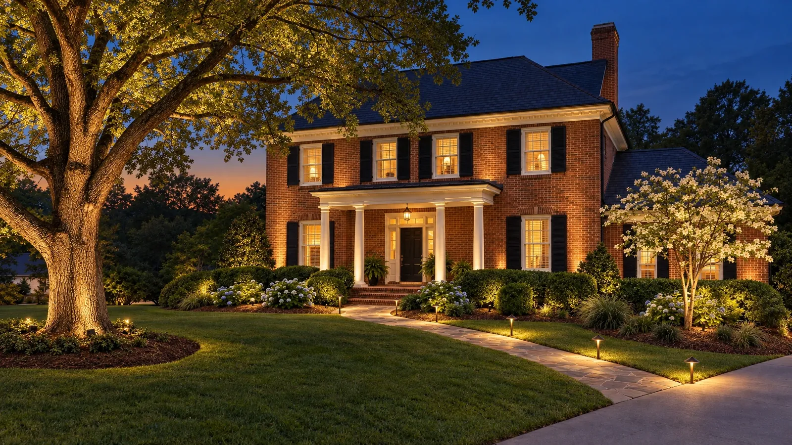 Illuminated property at night