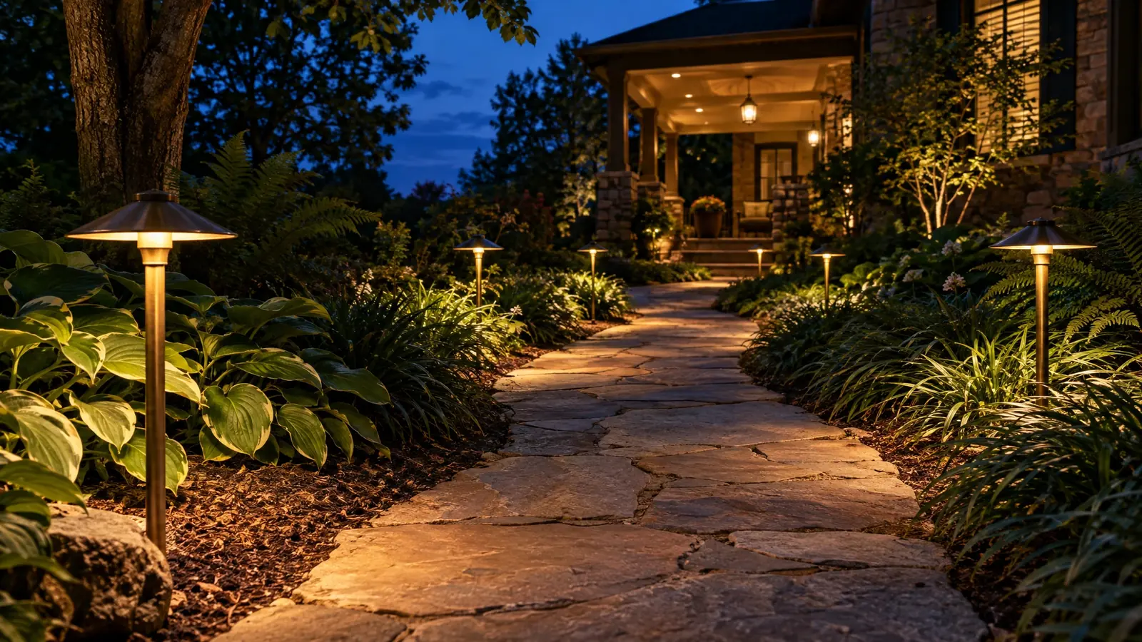Path lights along a garden walk at night